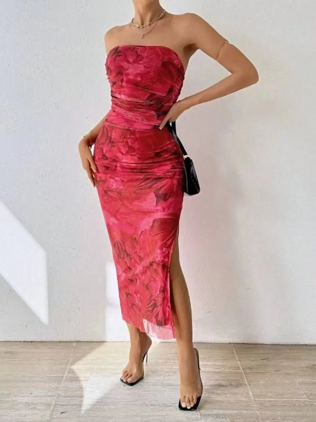 Abstract Print Strapless Ruched Bodycon Maxi Tube Dress 21