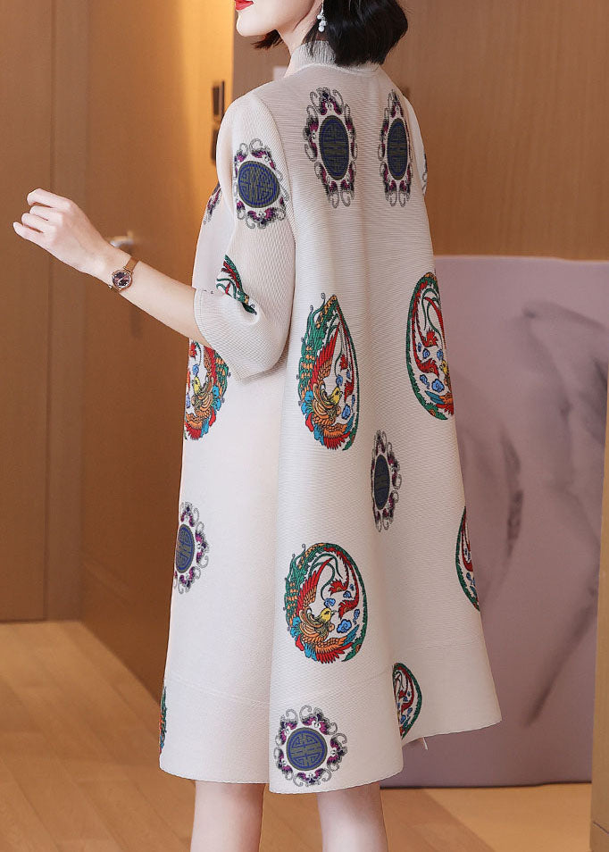 Pleated Mandarin Collar Frog Closure Phoenix Print Three Quarter Sleeve A-Line Midi Dress