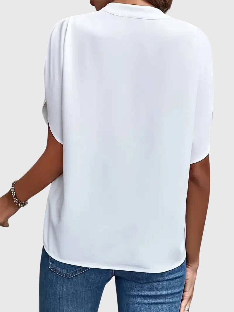 Split Neck Short Dolman Sleeve Satin Blouse