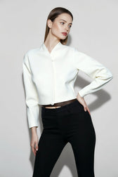 Chic White Boucle Cropped V Neck Coat
