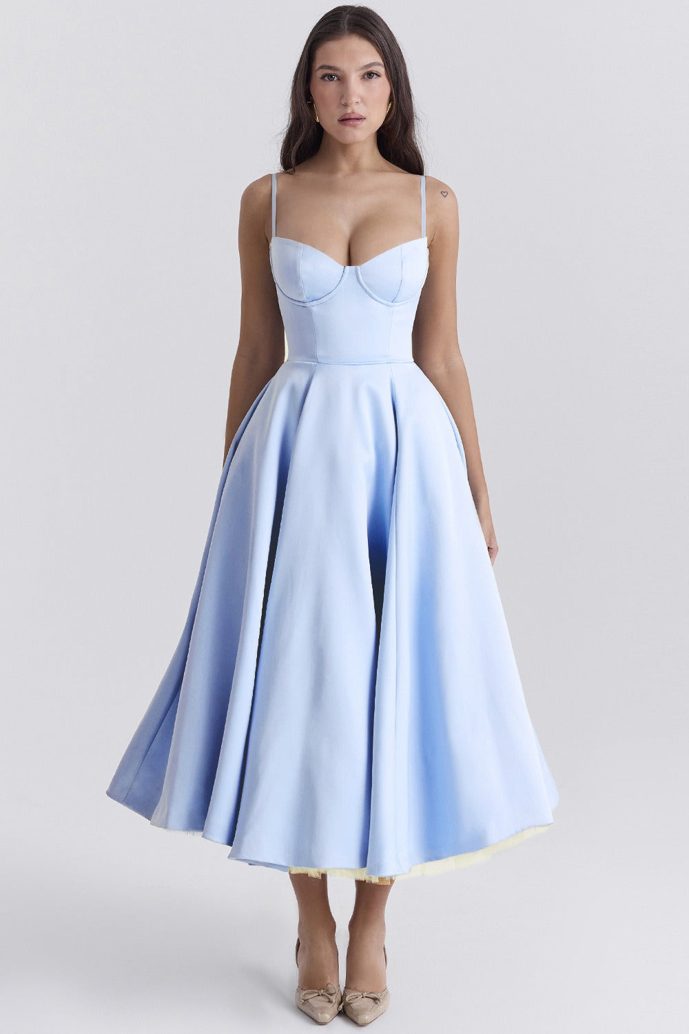 Satin Bustier Sweetheart Spaghetti Strap Fit and Flare Tulle Underskirt Midi Party Dress