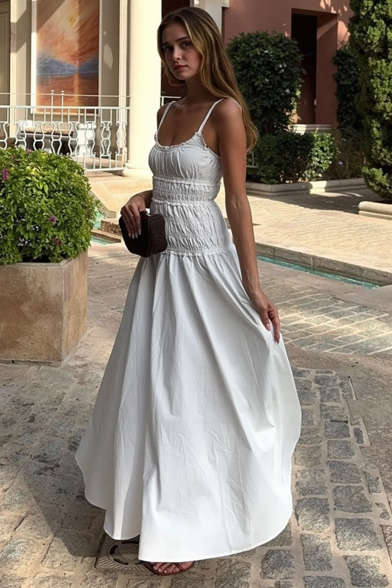 White Smocked Cotton Maxi Slip Dress