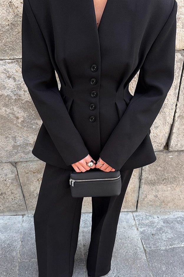 Collarless V-Neck Padded Shoulder Gathered Waist Peplum Blazer 4