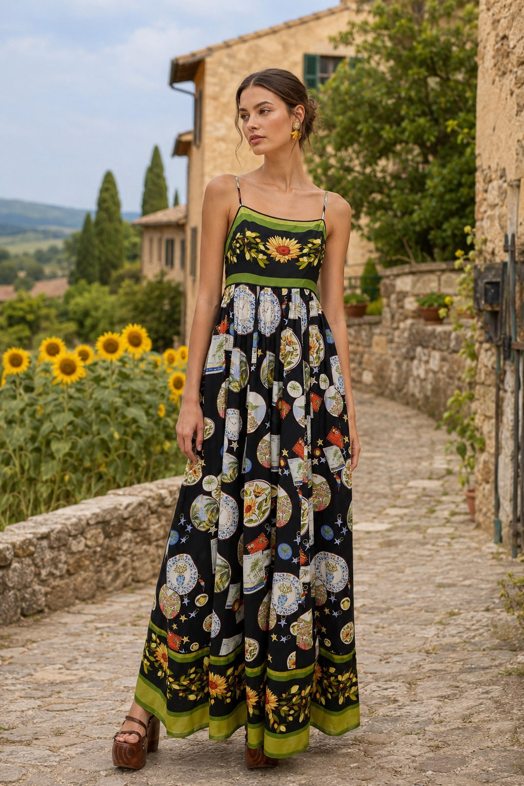 Artistic Print Linen Midi Slip Dress
