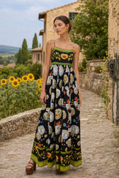 Artistic Print Linen Midi Slip Dress