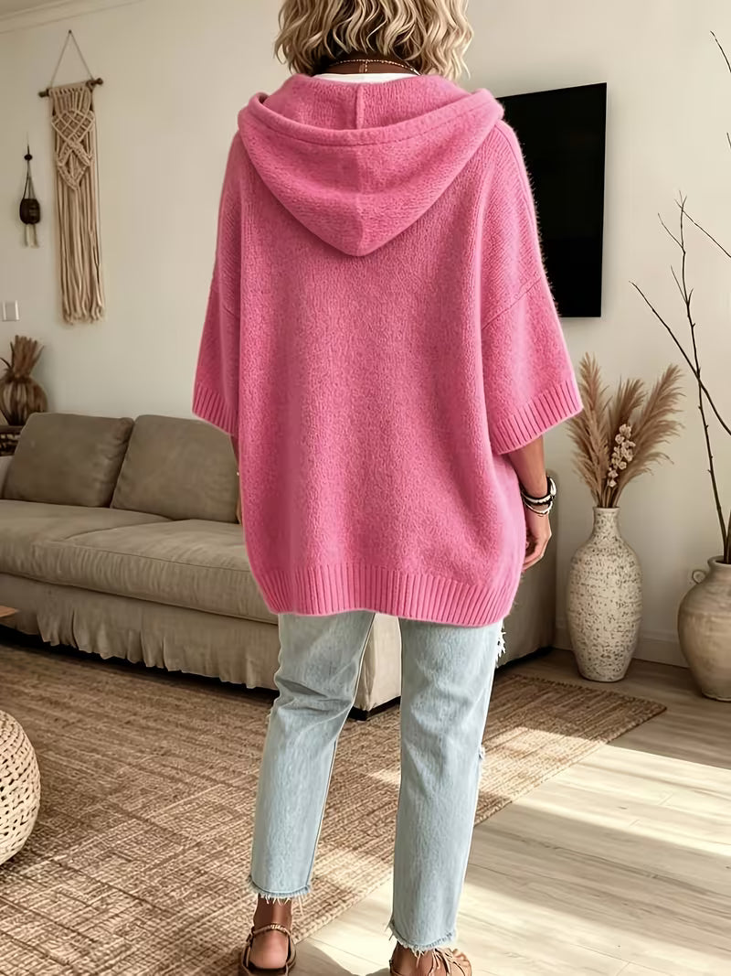 Hooded Drawstring Oversized Knit Poncho Sweater