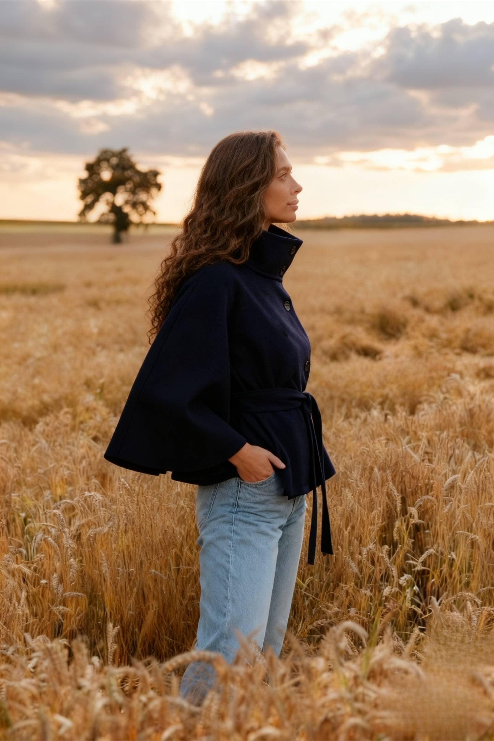 Button Up Stand Collar Cape Coat