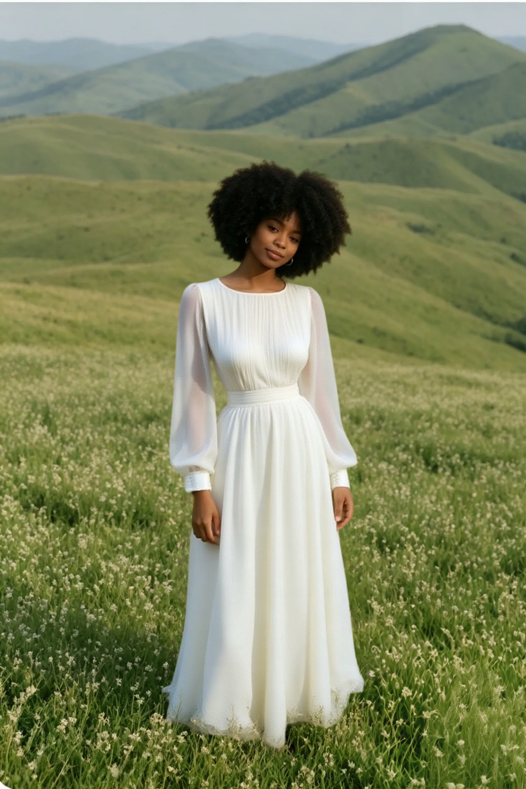 Chiffon Round Neck Bishop Sleeve Pleated Flowy Maxi Prom Dress