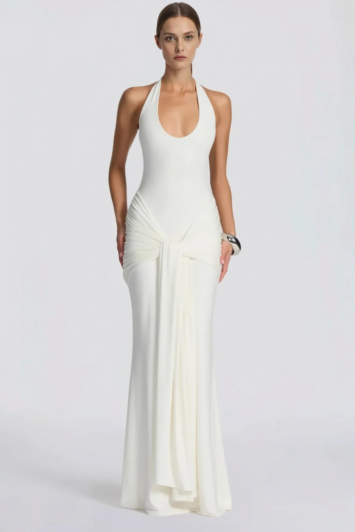 U Neck Halter Sash Panel Bodycon Party Dress