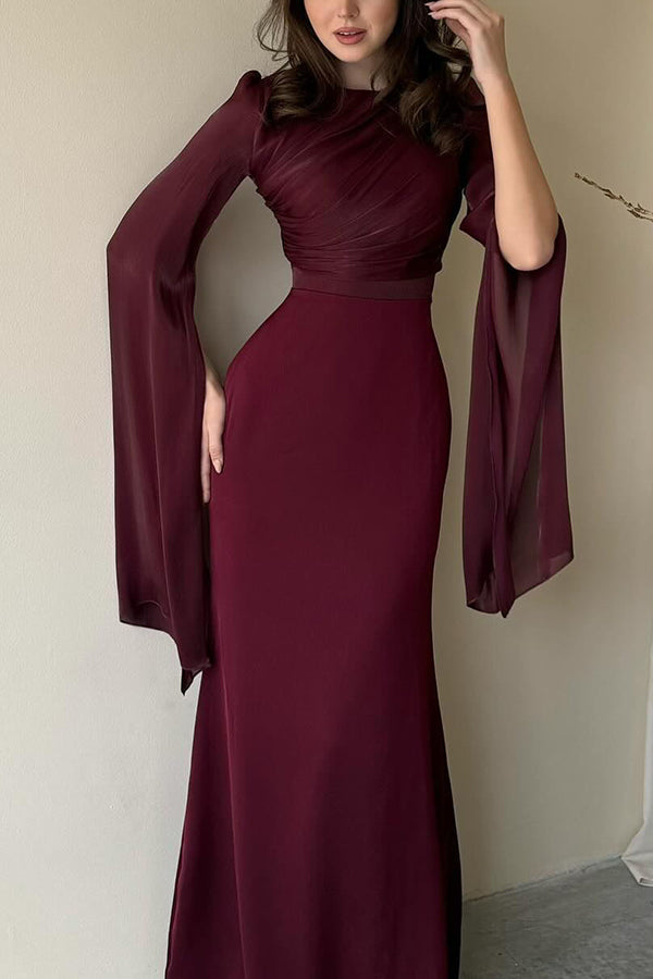 Liora Ruched Organza Satin Patchwork Long Bell Slit Maxi Dress - View 18