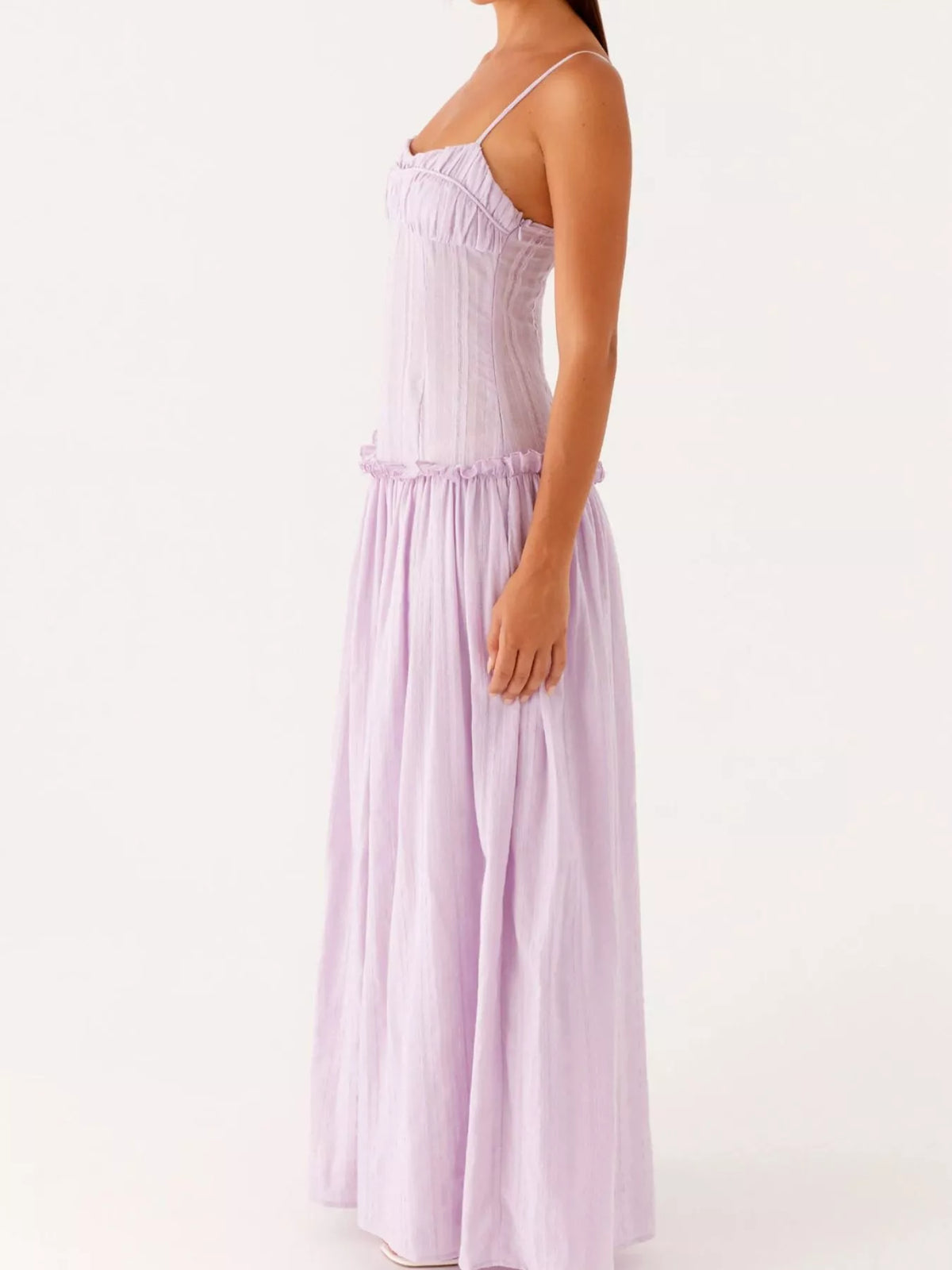 Ruched Bust Drop Waist Ruffle Trim Cami Maxi Dress 22
