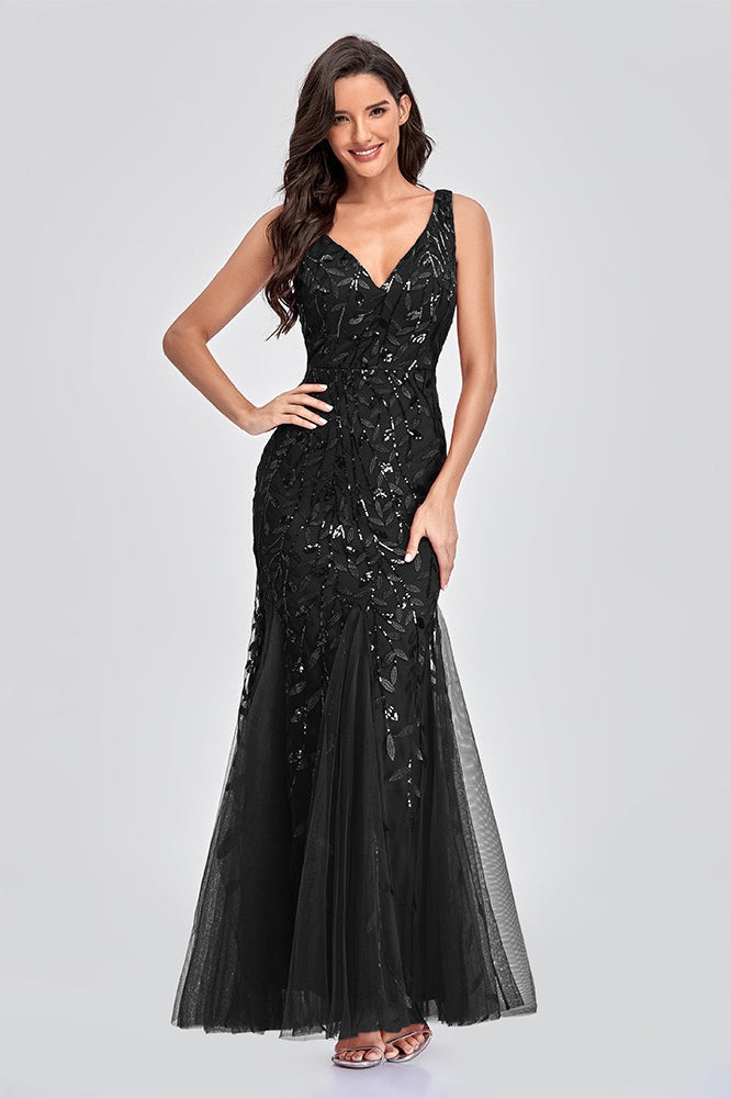 Sequin V-Neck Embroidered Mermaid Maxi Prom Dress