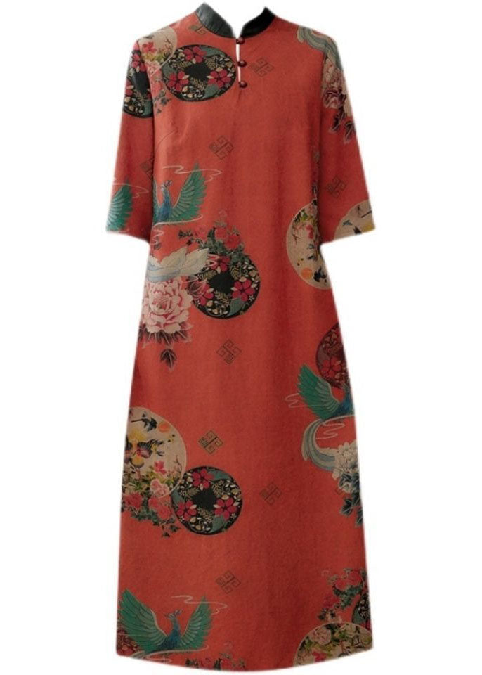 Medallion Print Mandarin Collar Frog Button Half Sleeve Relaxed Midi Dress