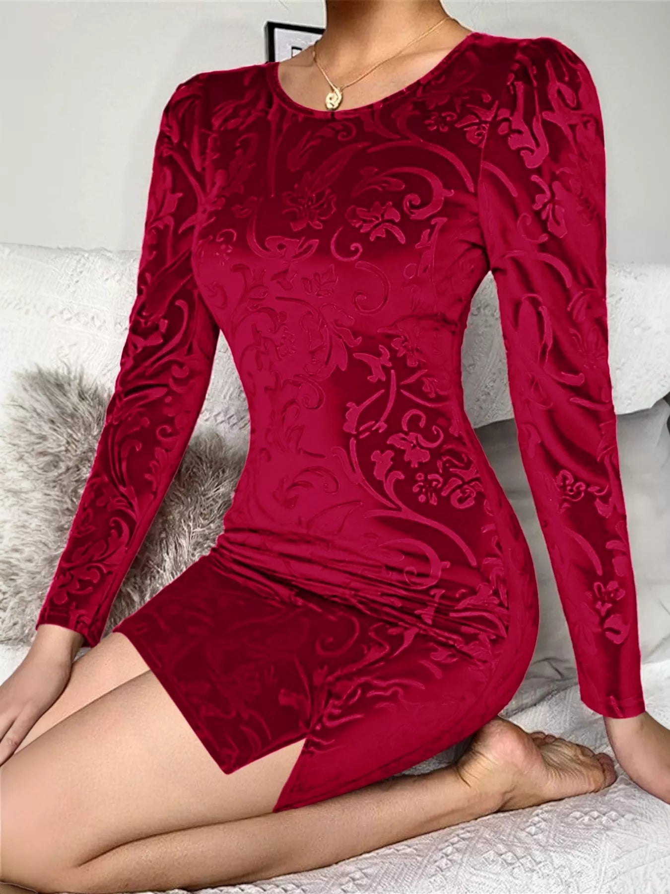 Luxe Red Velvet Floral Fitted Mini Dress