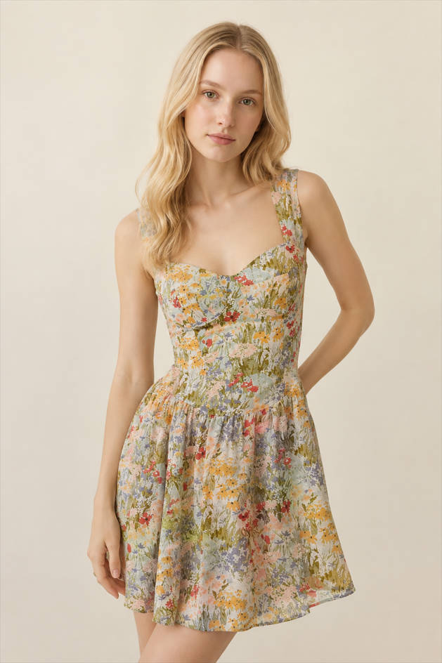 Deep V-Neck Floral Dress