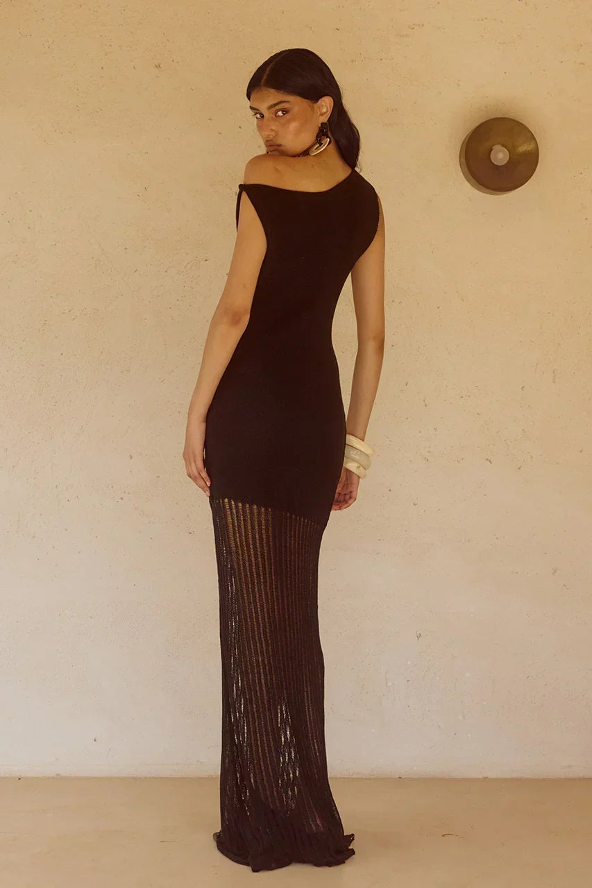Asymmetric Neck Sleeveless Pointelle Knit Hem Bodycon Maxi Dress 2