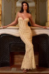 Strapless Lace Vertical Bodycon Maxi Lace Dress