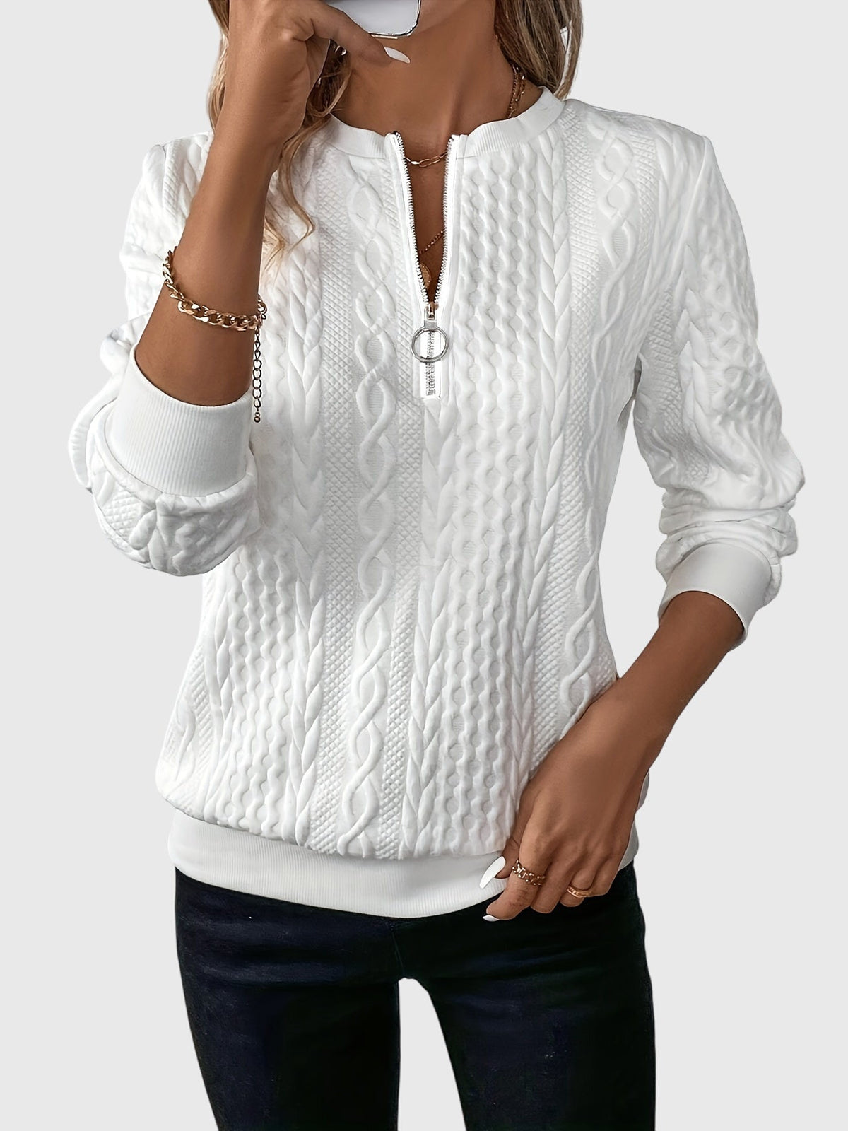 Quarter Zip Cable Knit Long Sleeve Sweatshirt
