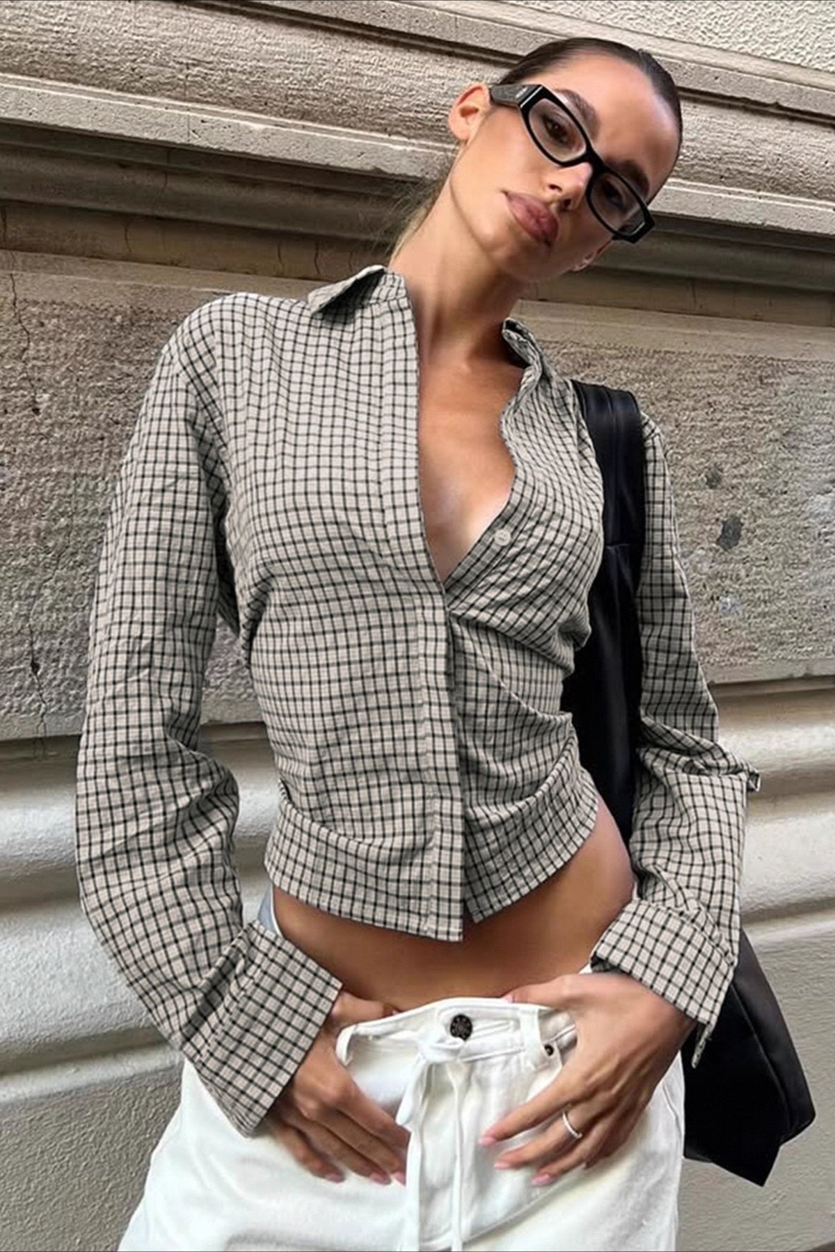 Check Print Collared Long Sleeve Wide Cuff Fitted Cropped Shirt
