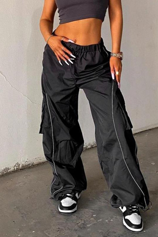 Contrast Piping Drawstring Waist Baggy Parachute Cargo Pants 2