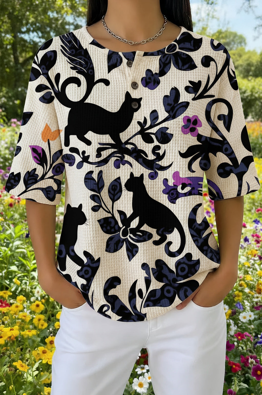 Womens White and Black Floral Cat Silhouette Print Casual Shirt
