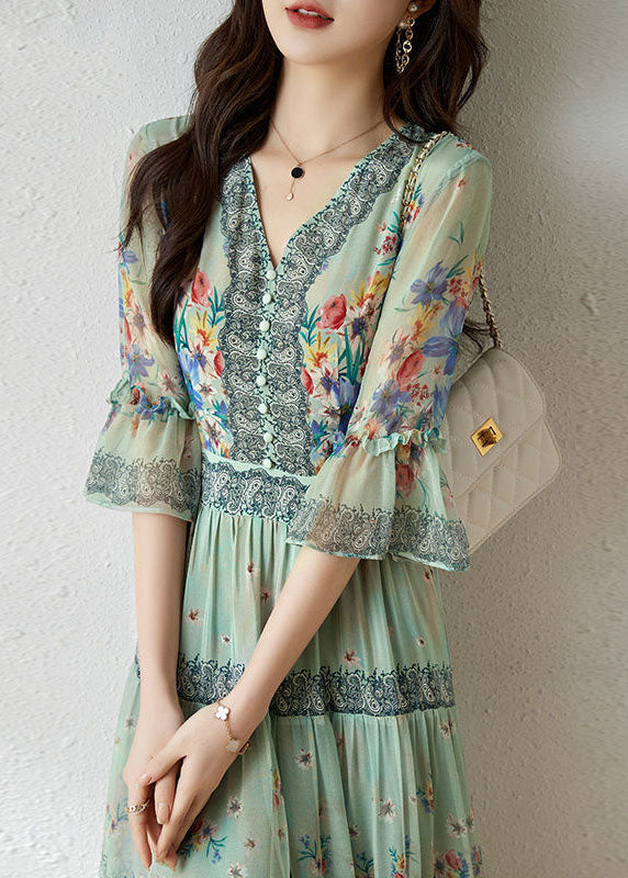 Floral Print Lace Trim V-Neck Bell Sleeve Tiered Button Bodice Maxi Dress