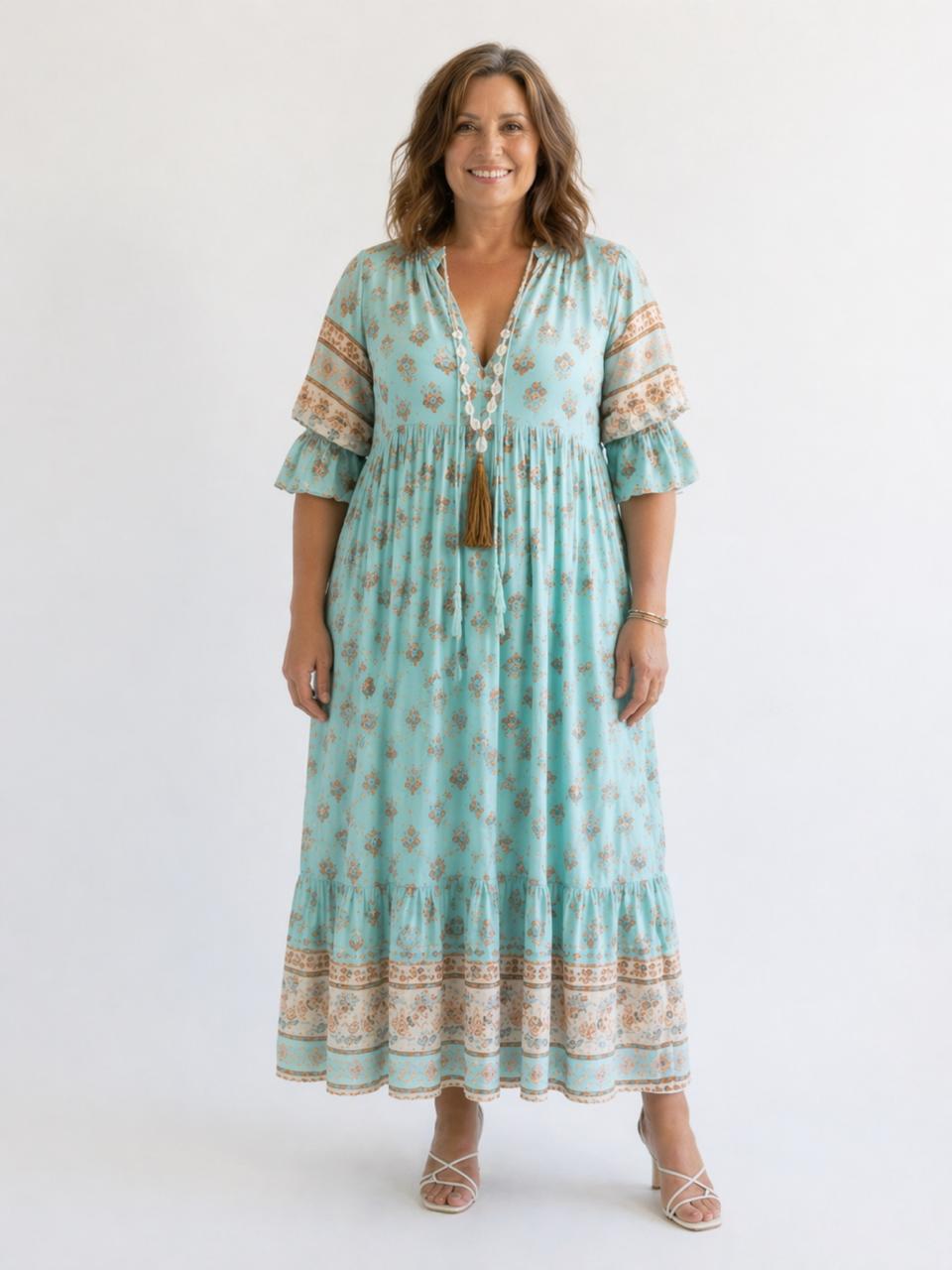 Floral Print V-Neck Bell Sleeve Tiered Boho Maxi Dress