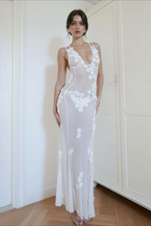 Deep V Mesh Backless 3D Floral Slip Dress