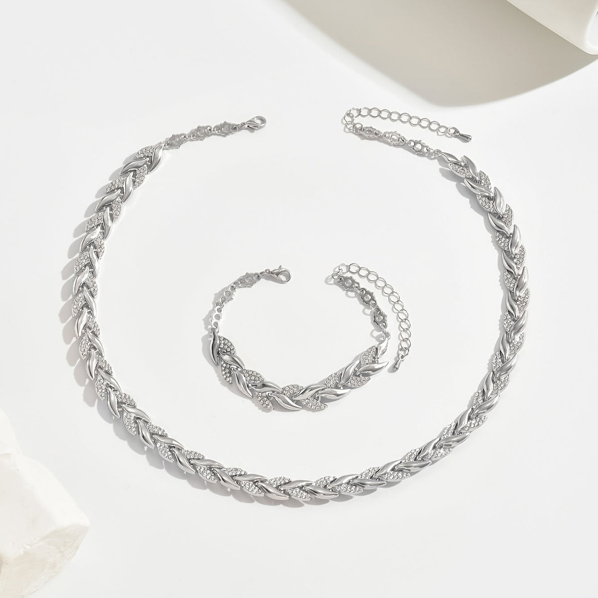 Rhinestone Leaf Link Necklace and Bracelet Set