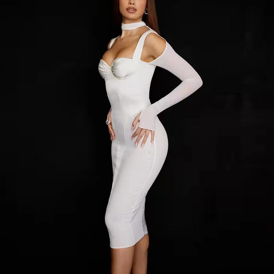 Bustier Sweetheart Mesh Panel Ribbed Knit Choker Neck Glove Sleeve Bodycon Midi Dress 2