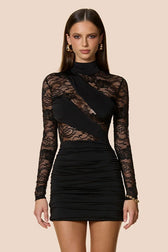 Sheer Lace Panel Mock Neck Sleeve Fit Lace Dress