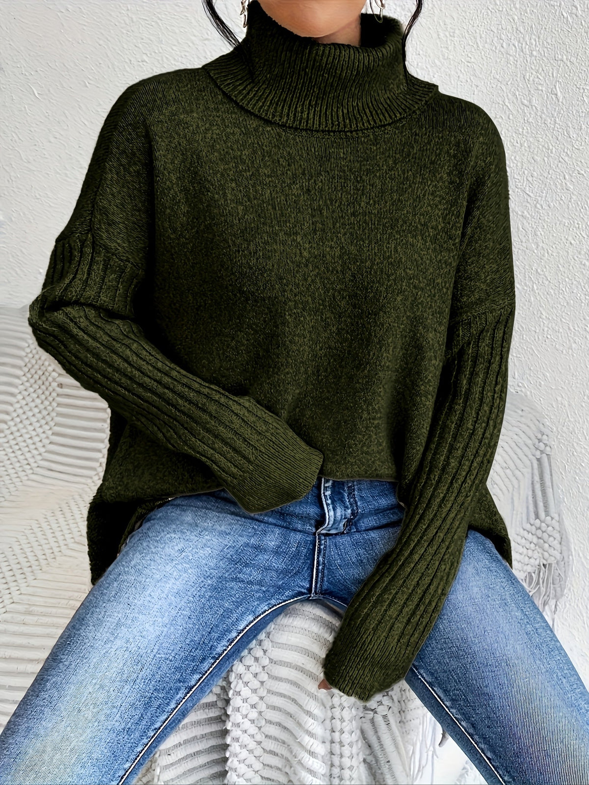 Turtleneck Long Sleeve Oversized High Low Sweater
