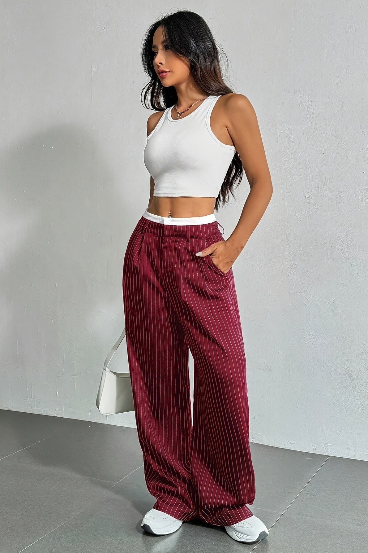Pinstripe Contrast Waistband Pleated Wide Leg Trousers 3