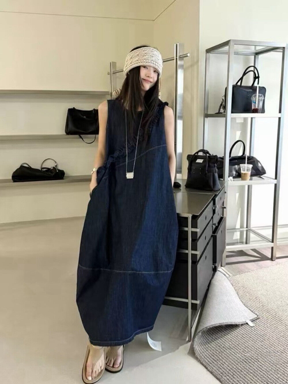 Denim Sleeveless Ruffle Trim A-Line Maxi Dress 13