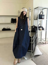 Denim Sleeveless Ruffle Trim A-Line Maxi Dress 13