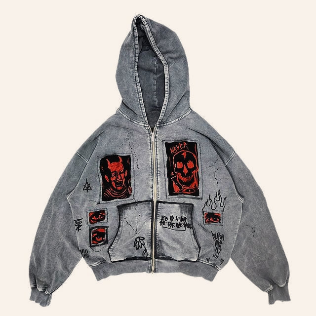 Heavy Washed Demon Print Hoodie
