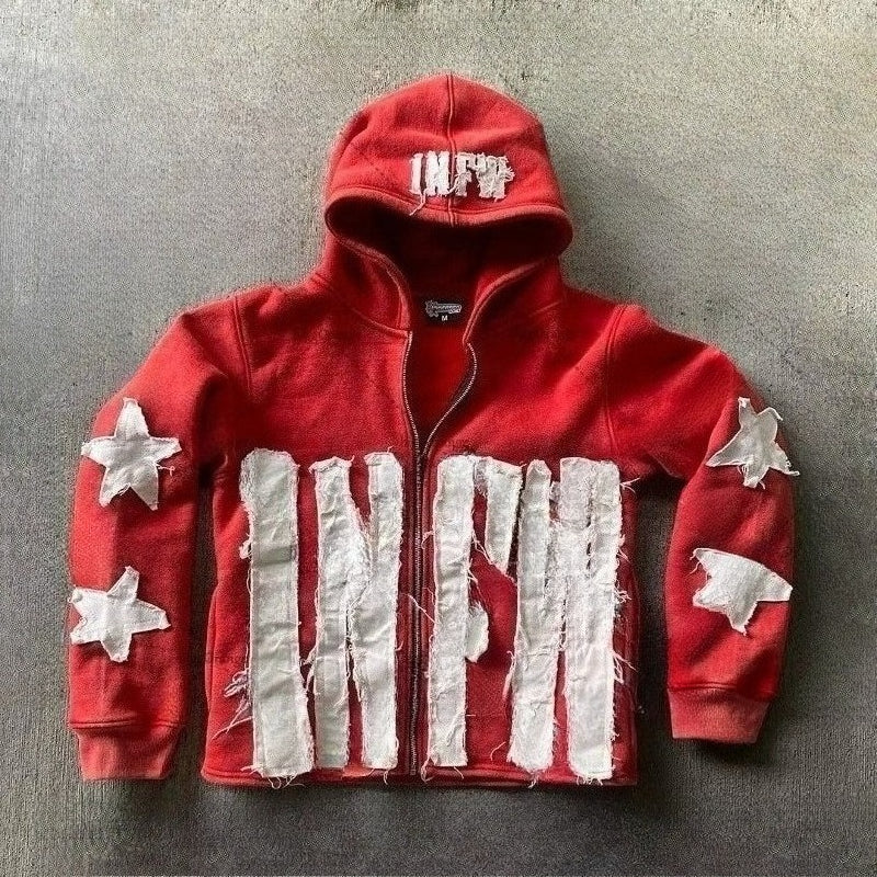 Frayed Letter Patch Star Applique Zip Up Hoodie