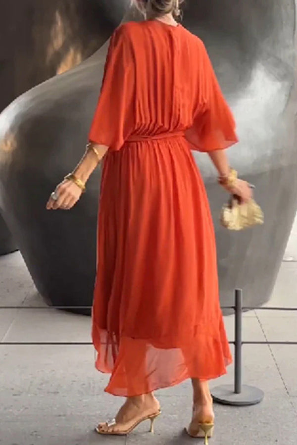 Solid Color V-neck Bat Sleeve Lace-up Irregular Hem Midi Dress - View 14