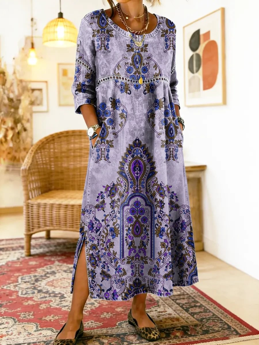 Paisley Print Pocket Side Split Maxi Dress