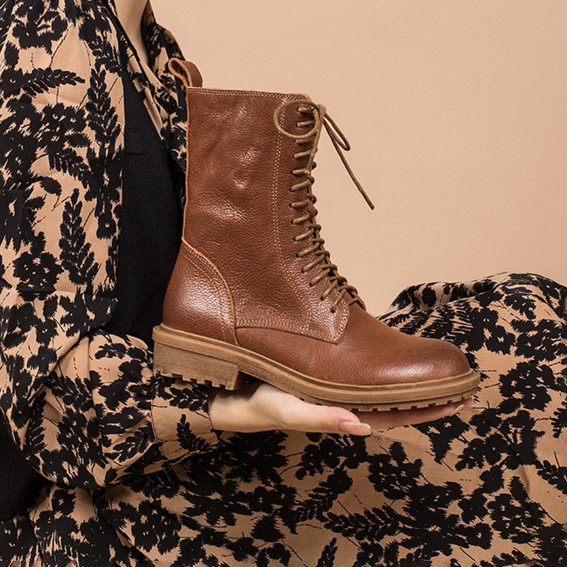 Full grain leather Combat Boots Designer Retro Chunky Buckle Boots Side Zip Brown/Black