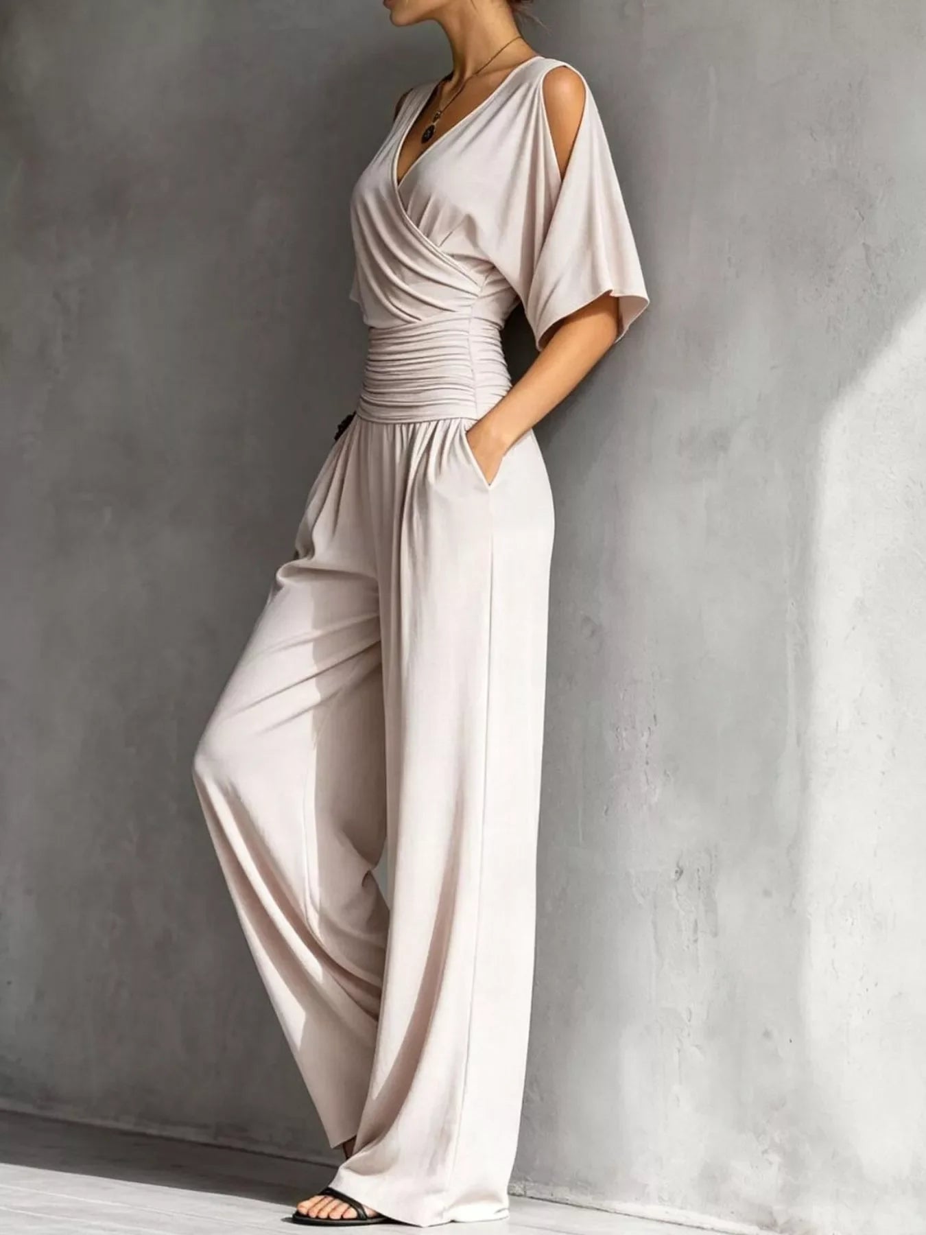 Cold Shoulder Ruched Waist Wide-Leg Jumpsuit