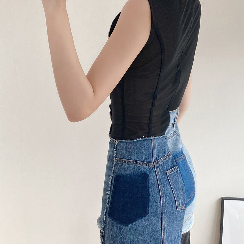 Patchwork Denim Overlay Sleeveless Sheer Mesh Bodycon Mini Dress 6