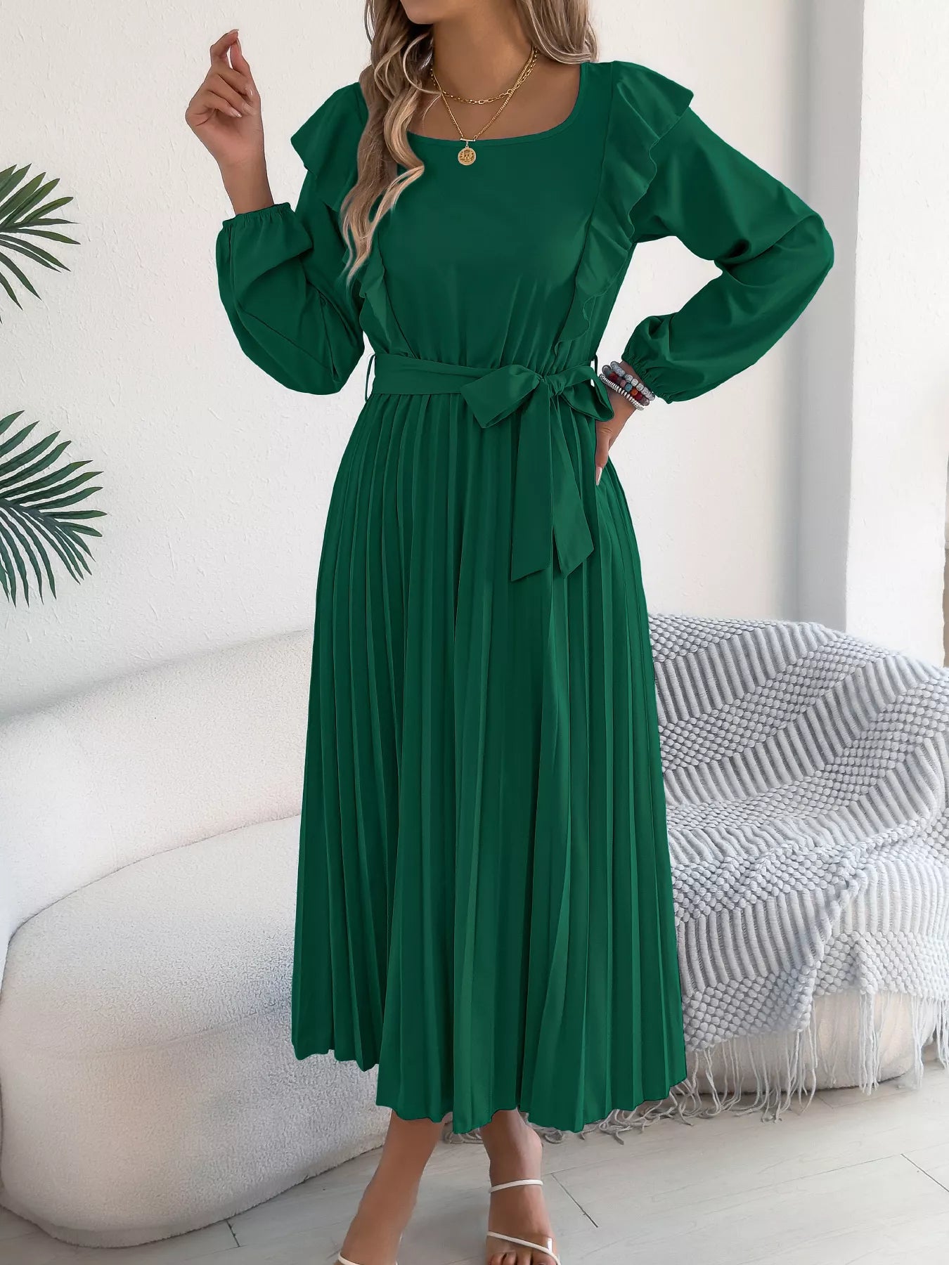 Ruffle Trim Pleated A-Line Midi Dress Green