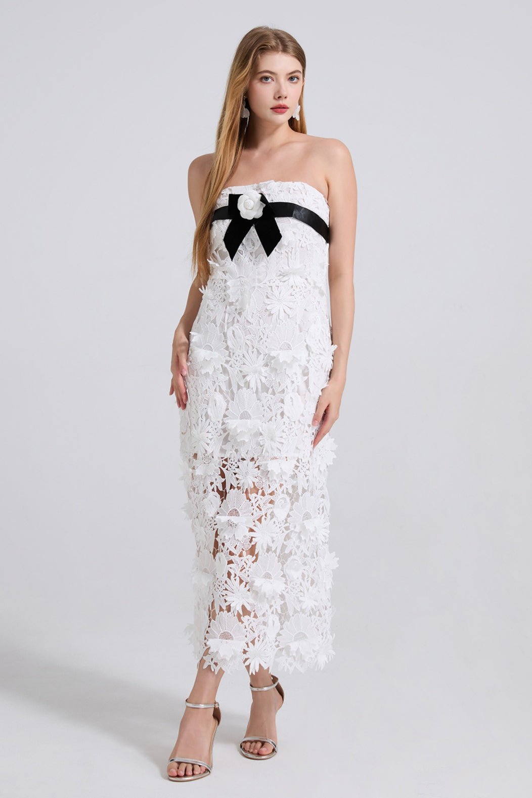 3D Floral Lace Applique Strapless Bodycon Midi Dress
