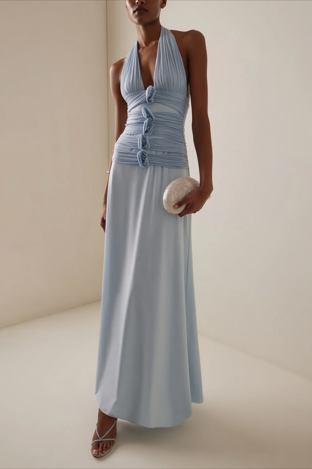 Elegant Blue Halter Deep V Backless Slit 3D Floral Party Dress
