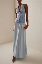 Elegant Blue Halter Deep V Backless Slit 3D Floral Party Dress