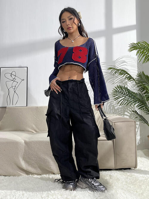Number Patch Open Knit Flare Sleeve Contrast Trim Crop Top 6