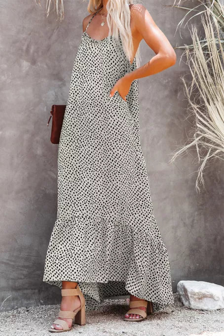 Polka Dot Printed High Low Ruffle Maxi Dress