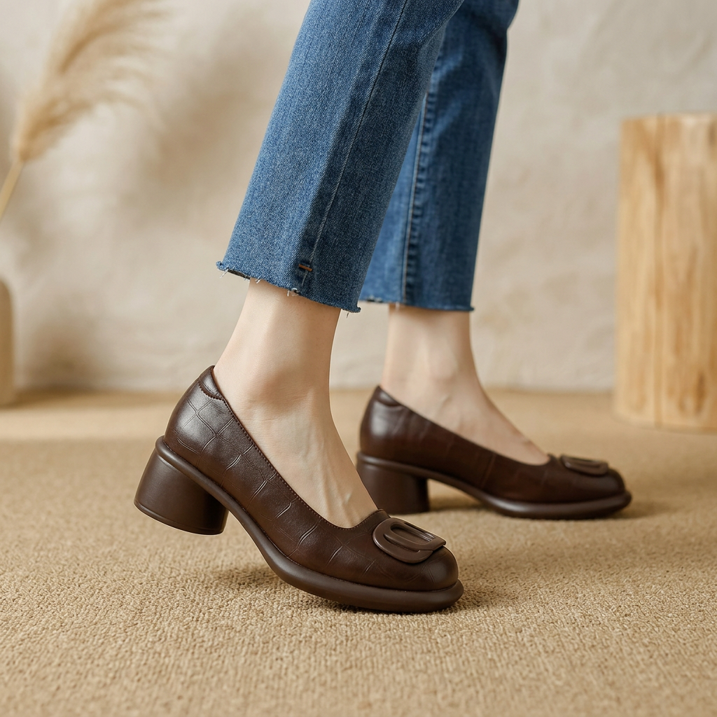Round Toe Slip On Block Heel Loafers