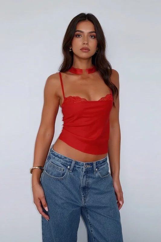 Lace Trim Square Neck Spaghetti Strap Fitted Cami Crop Top 4